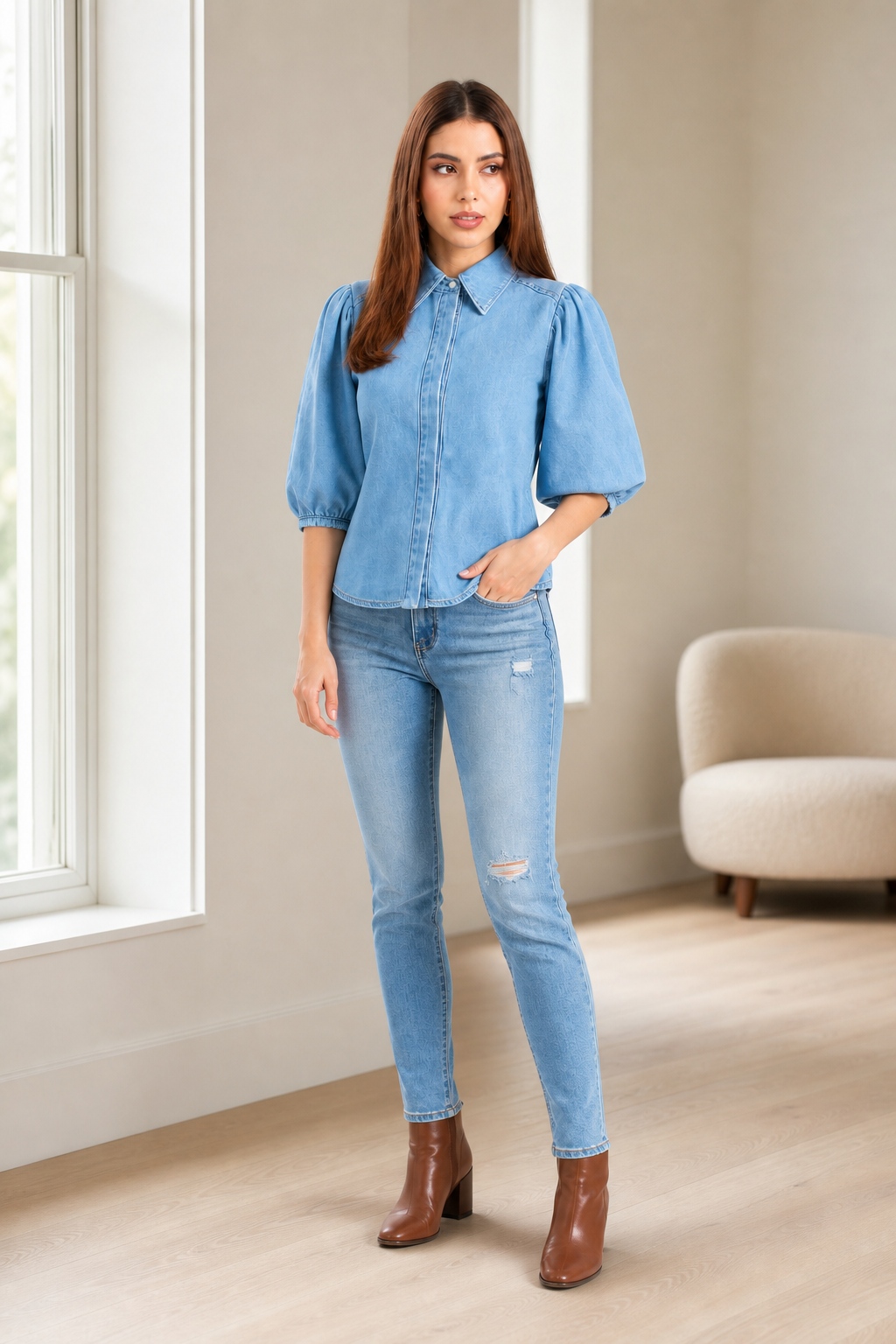 Camisa JS Denim de mezclilla con manga globo — Mezclilla clara