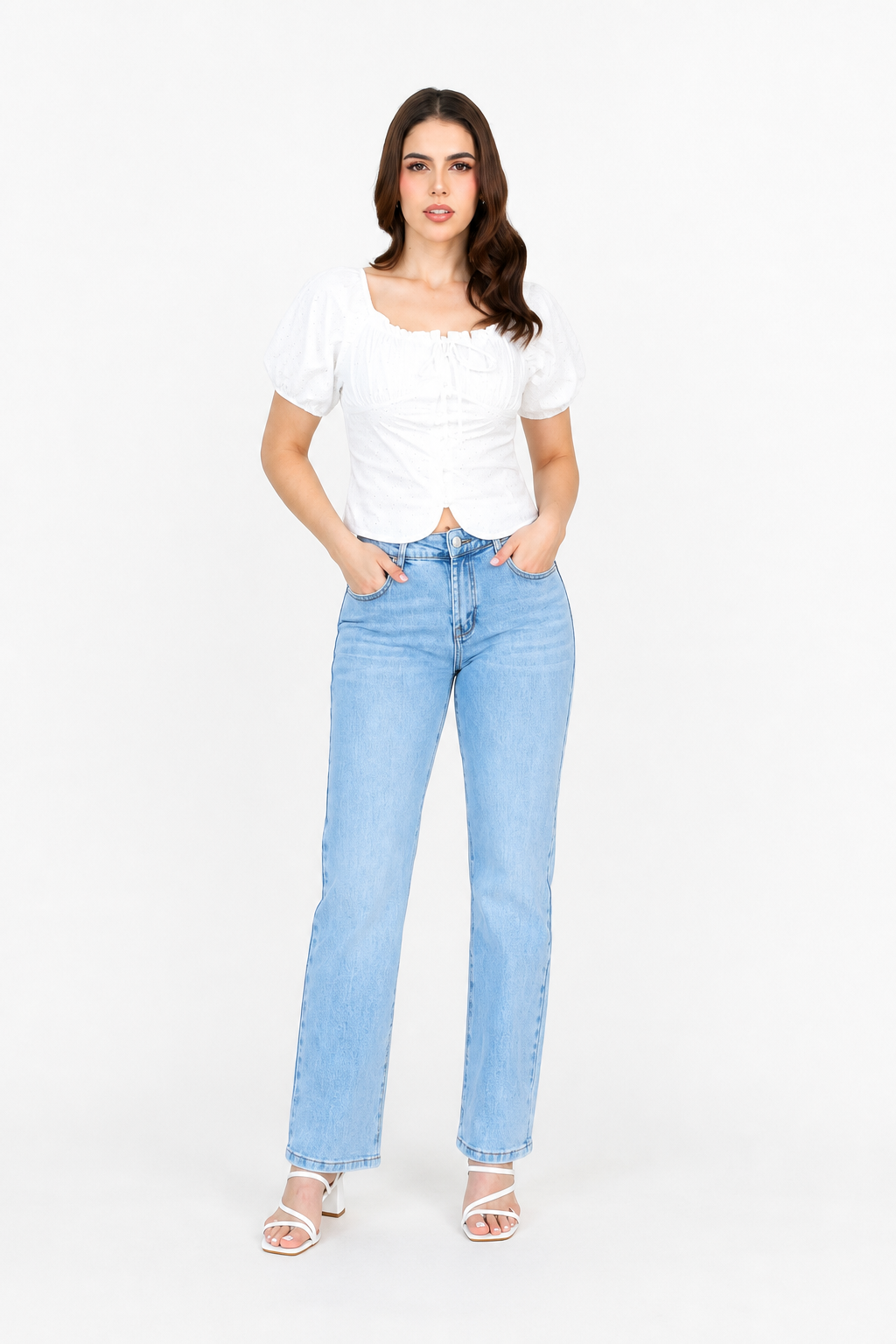 Jeans JS Denim rectos de tiro alto en lavado claro — Mezclilla clara