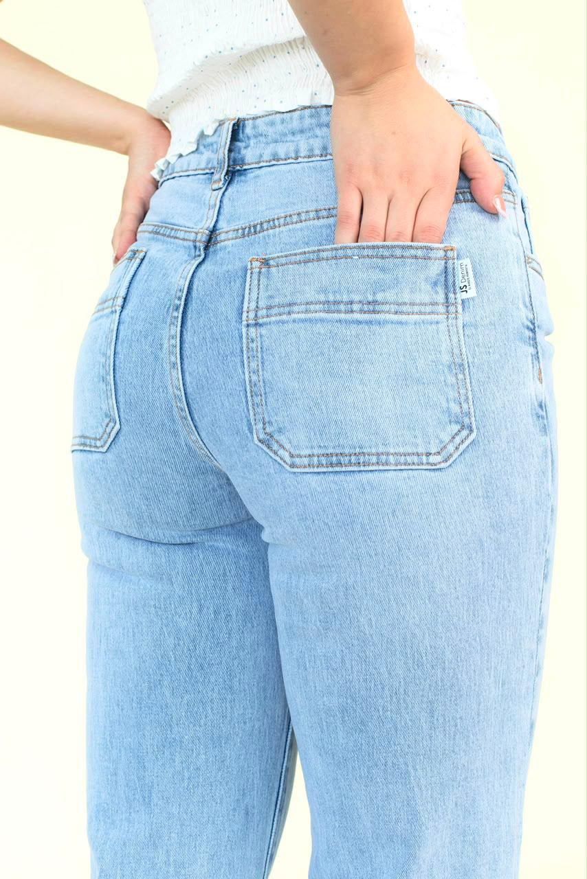 Jeans JS Denim rectos de tiro alto en lavado claro — Mezclilla clara