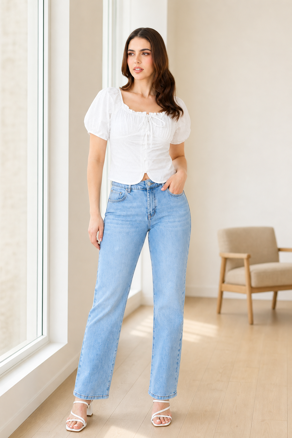 Jeans JS Denim rectos de tiro alto en lavado claro — Mezclilla clara