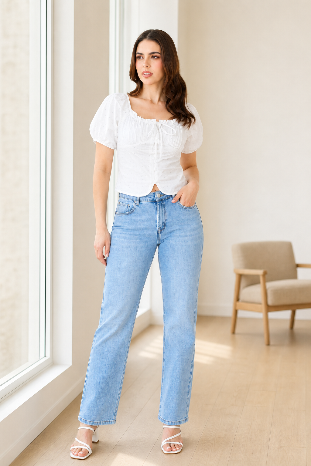 Jeans JS Denim rectos de tiro alto en lavado claro — Mezclilla clara