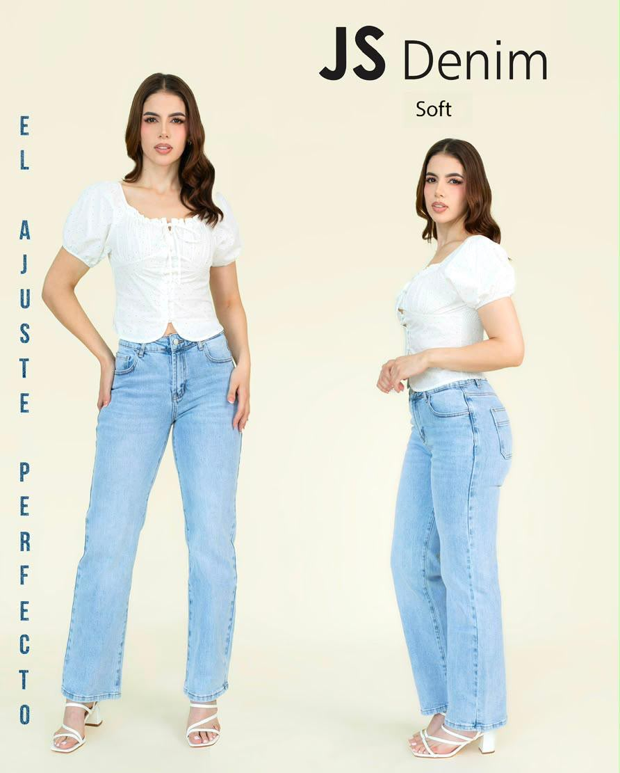 Jeans JS Denim rectos de tiro alto en lavado claro — Mezclilla clara