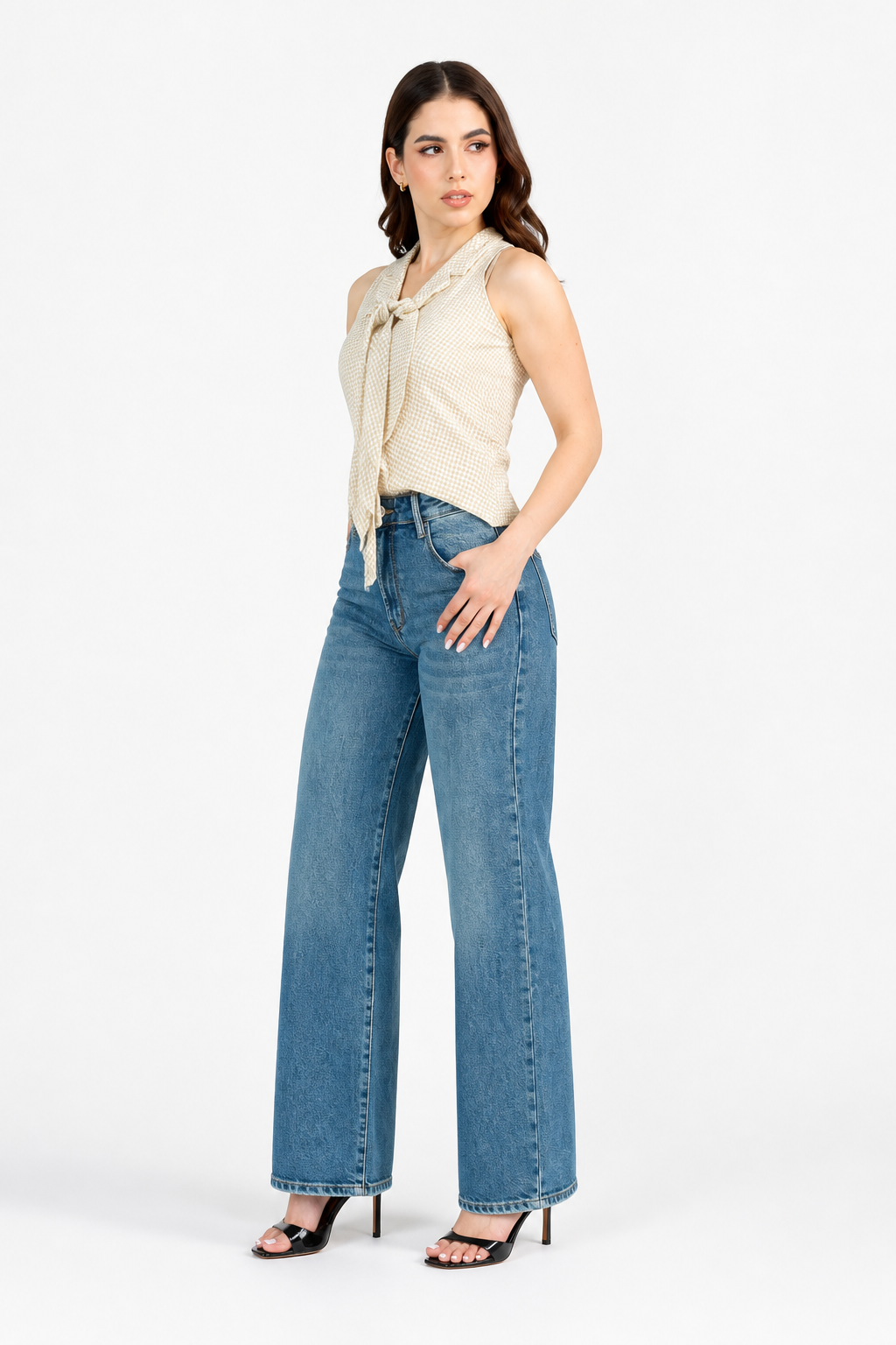 Jeans JS Denim wide leg de tiro alto en azul medio — Mezclilla media