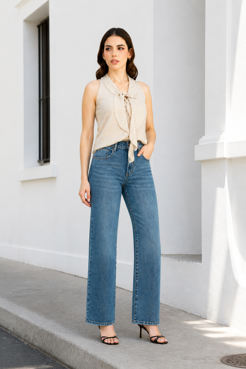 Jeans JS Denim wide leg de tiro alto en azul medio — Mezclilla media