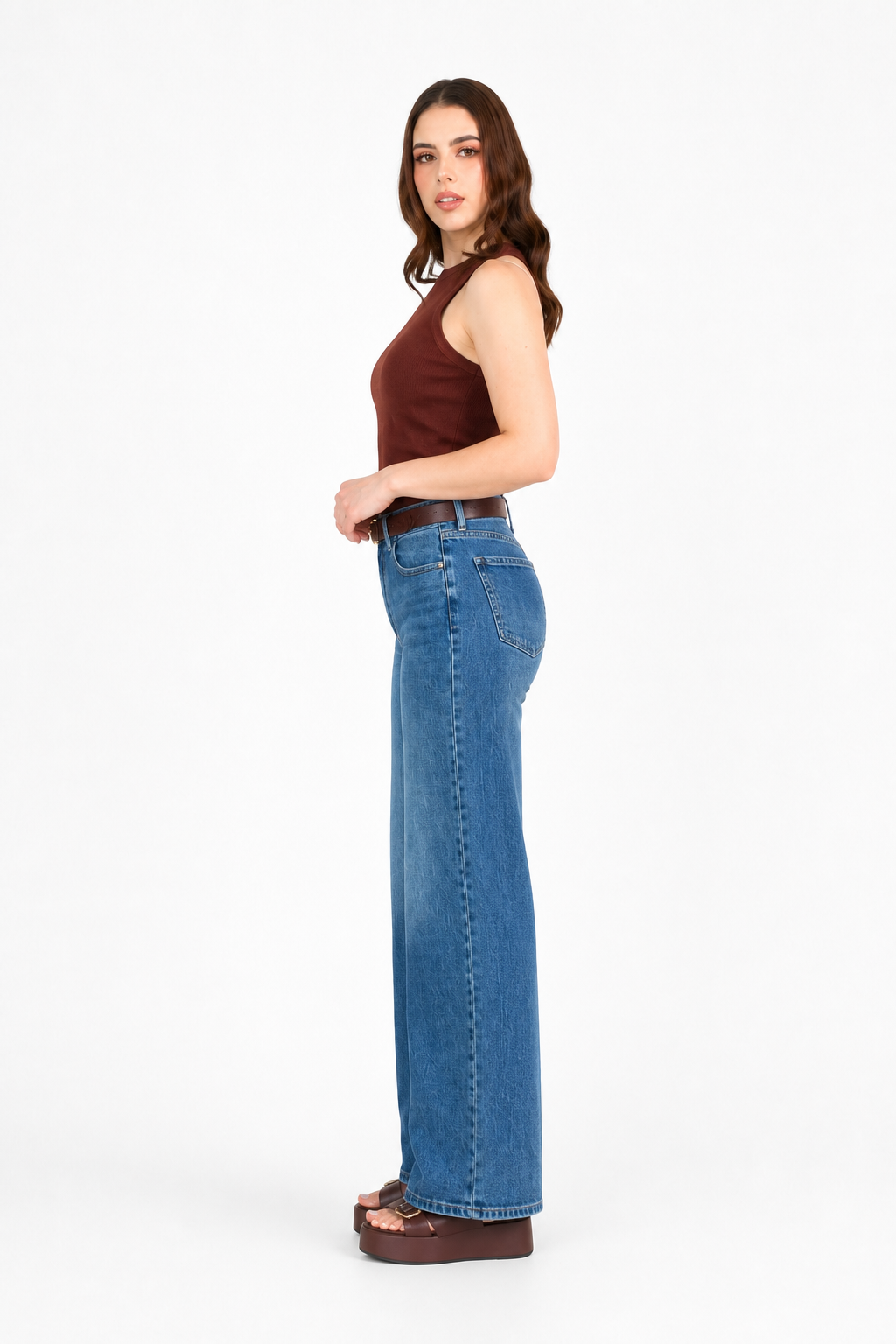Jeans JS Denim wide leg con cinturón incluido — Mezclilla media
