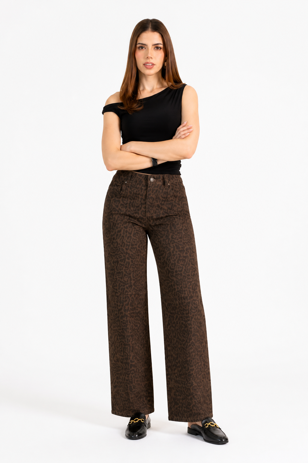 Jeans JS Denim wide leg con estampado de leopardo — Leopardo café