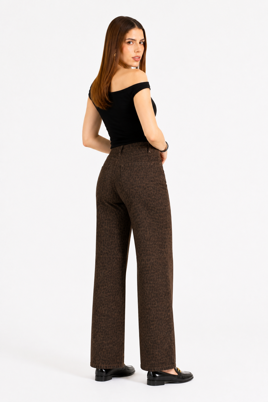 Jeans JS Denim wide leg con estampado de leopardo — Leopardo café