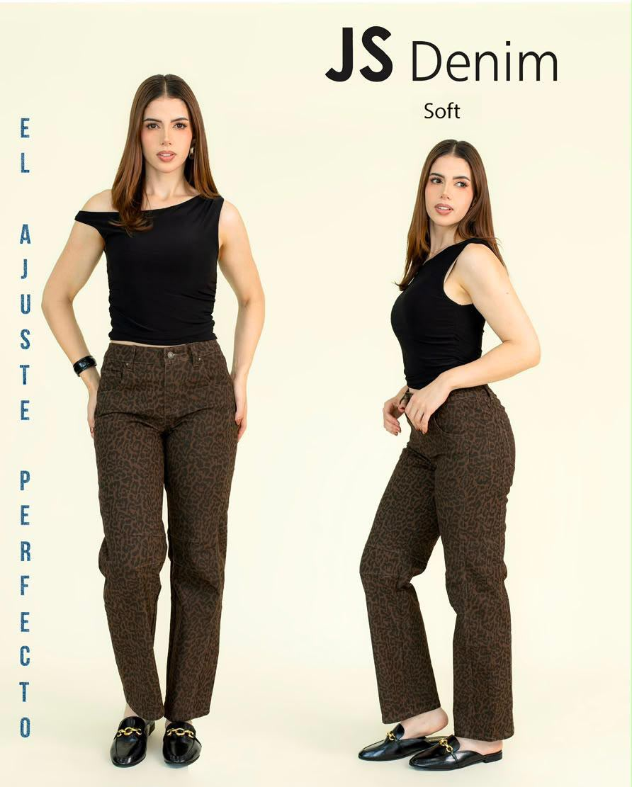 Jeans JS Denim wide leg con estampado de leopardo — Leopardo café