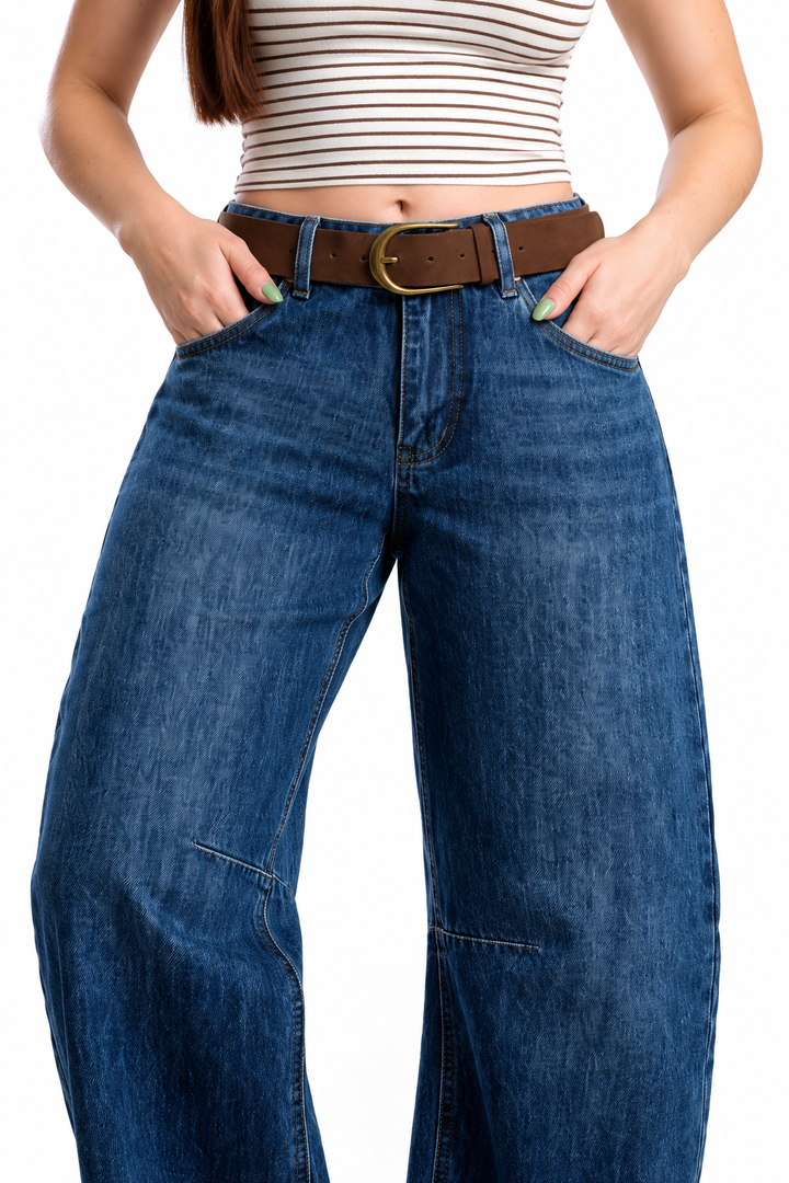 Jeans Juliette barrel ballon con cinto — Mezclilla media