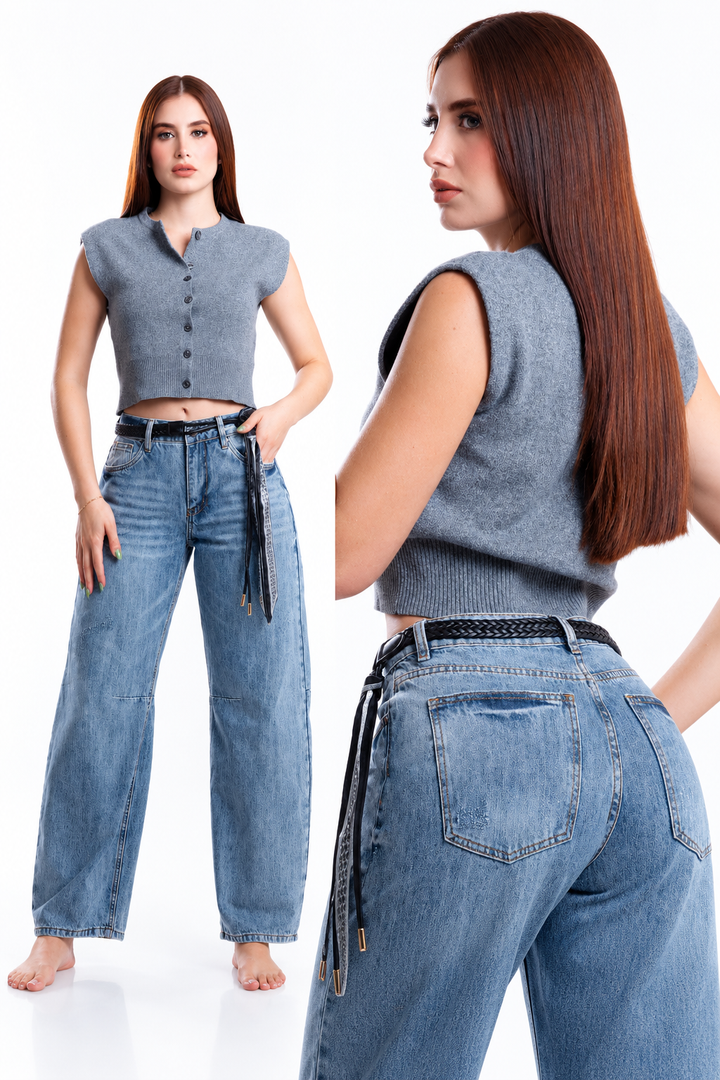 Jeans Juliette barrel ballon claro con cinto — Mezclilla clara