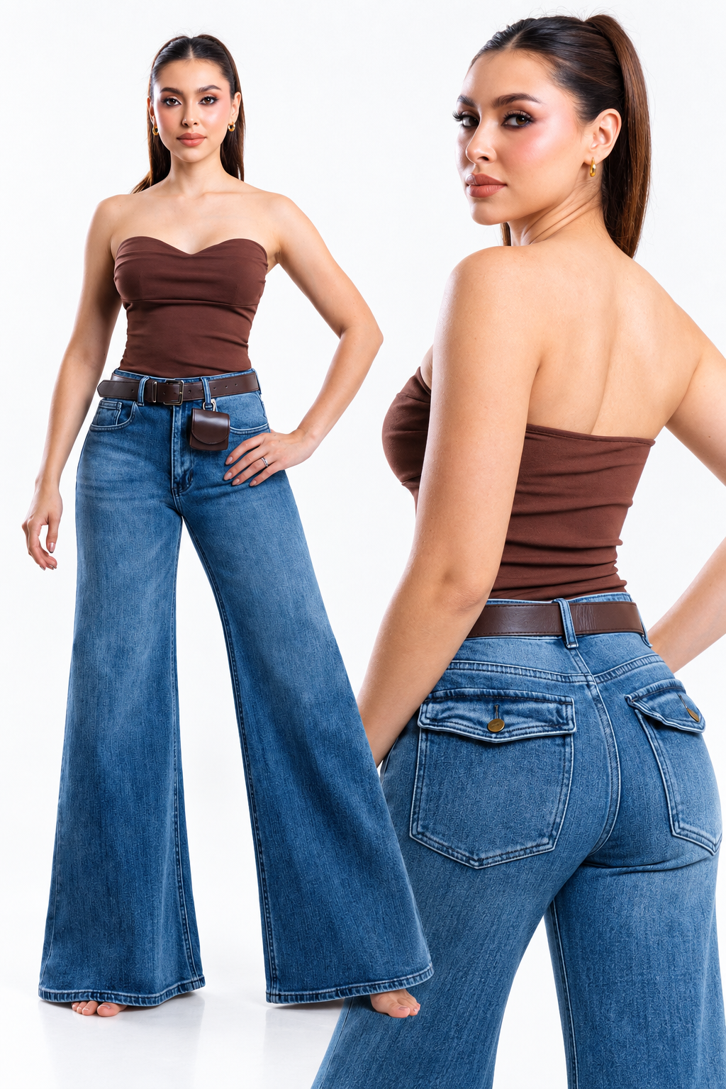 Jeans KOSCH loose flare con bolsas cargo y cinto — Mezclilla media