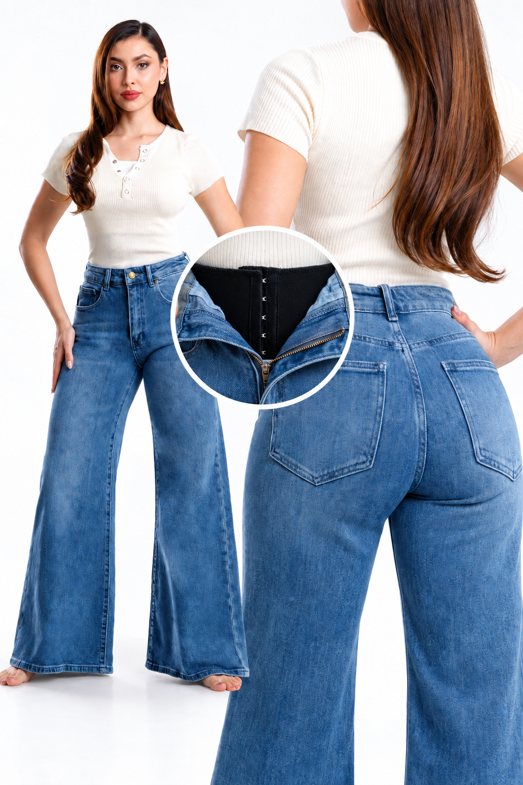 Jeans KOSCH loose flare con faja moldeadora — Mezclilla media