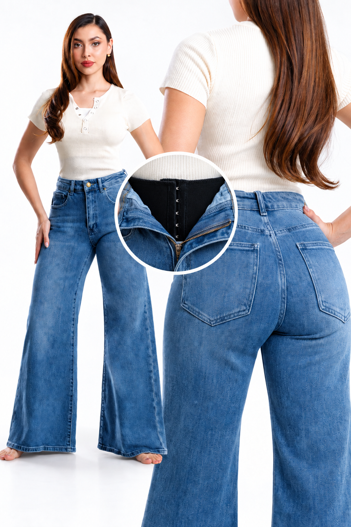 Jeans KOSCH loose flare con faja moldeadora — Mezclilla media
