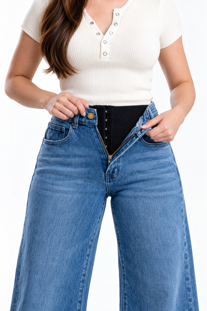 Jeans KOSCH loose flare con faja moldeadora — Mezclilla media