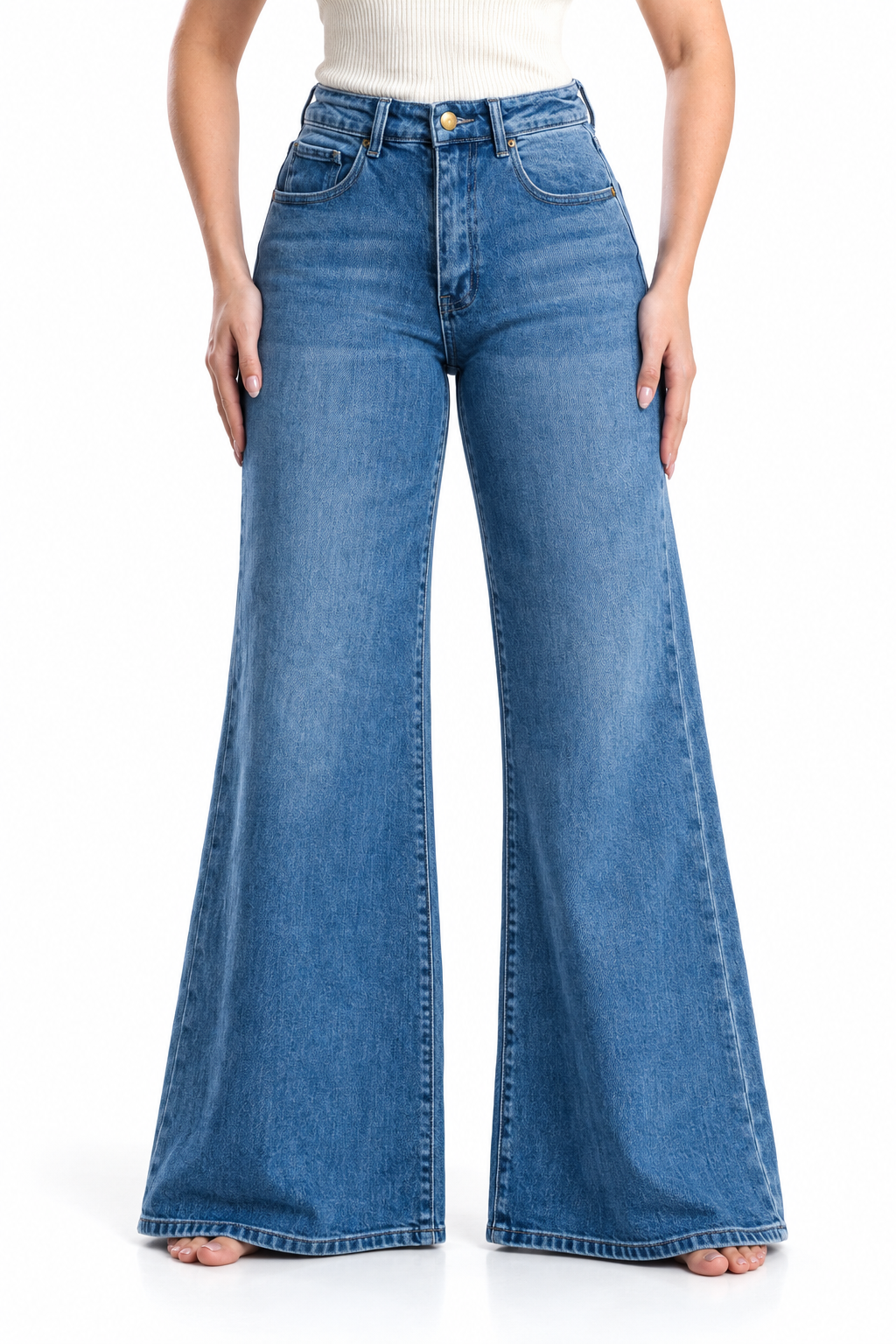 Jeans KOSCH loose flare con faja moldeadora — Mezclilla media