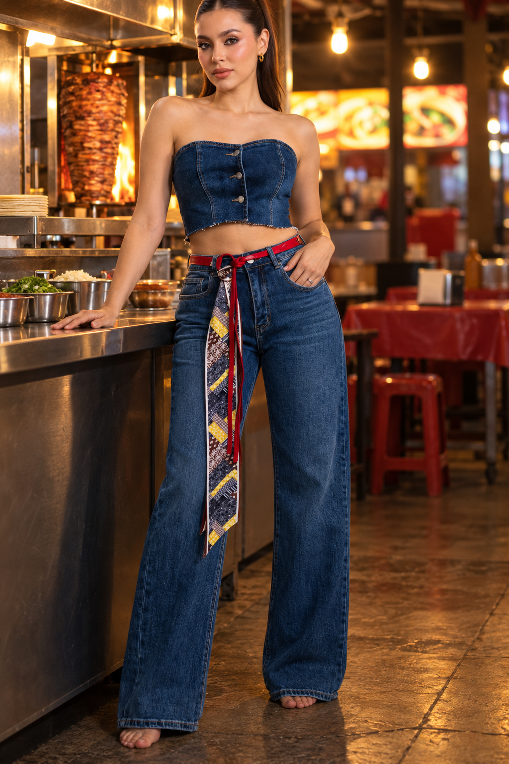 Jeans KOSCH straight wide oscuro con cinto — Mezclilla oscura