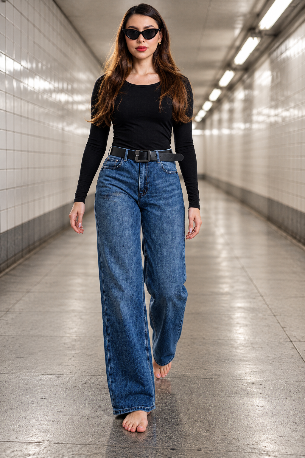 Jeans KOSCH straight wide con cinto — Mezclilla media