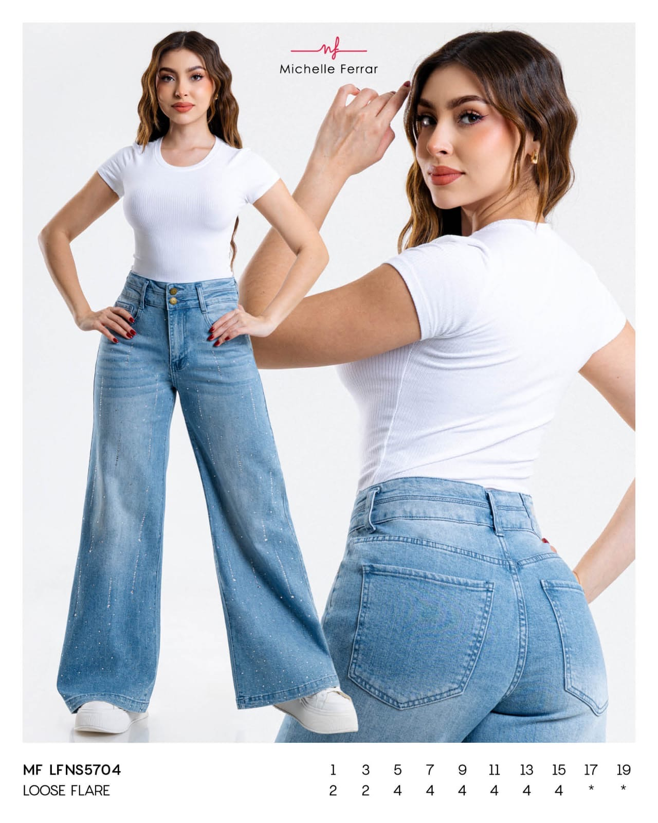 Jeans Michelle Ferrar flare con pedrería en azul claro — Mezclilla clara