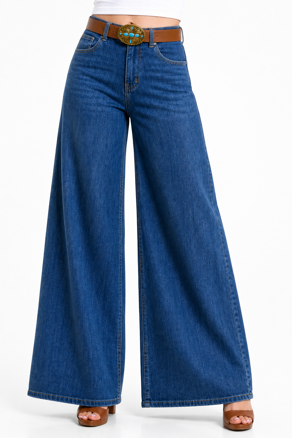 Jeans KOSCH loose wide con cinturón de hebilla — Mezclilla media