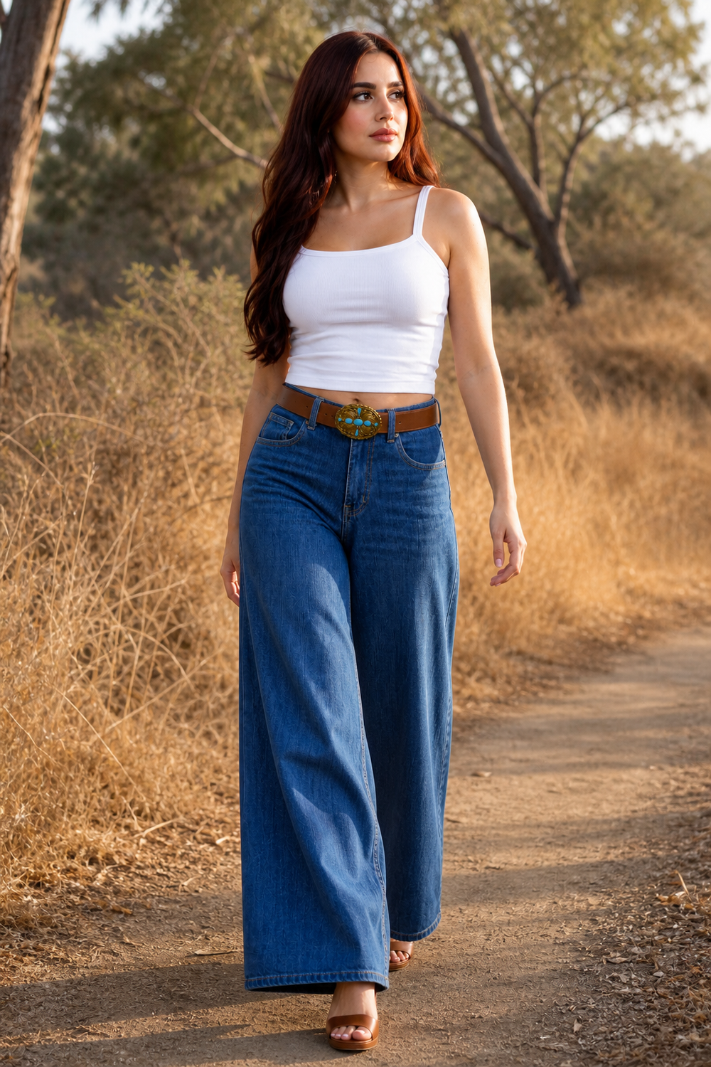 Jeans KOSCH loose wide con cinturón de hebilla — Mezclilla media
