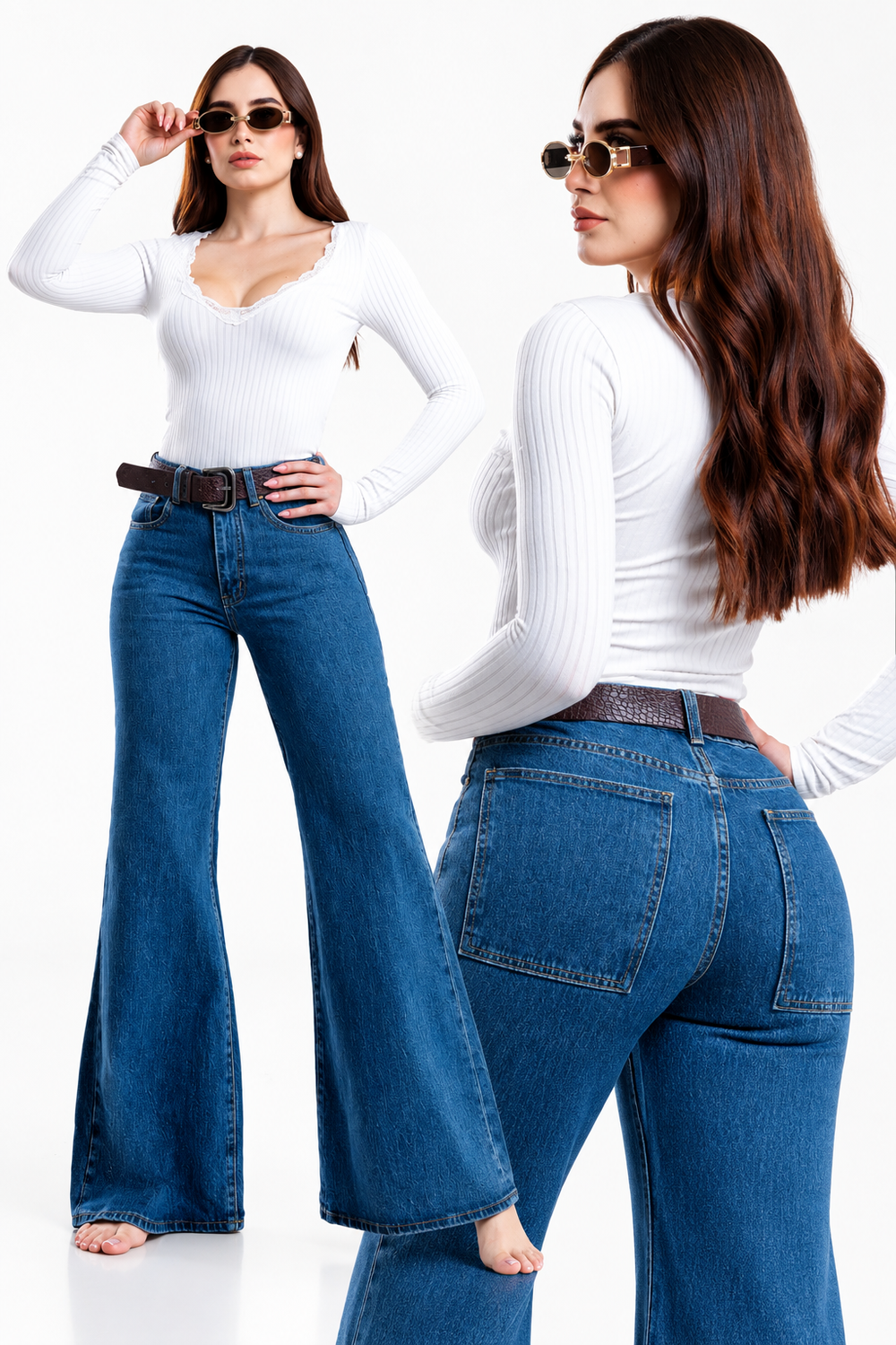 Jeans Michelle Ferrar loose flare oscuro con cinto — Mezclilla oscura