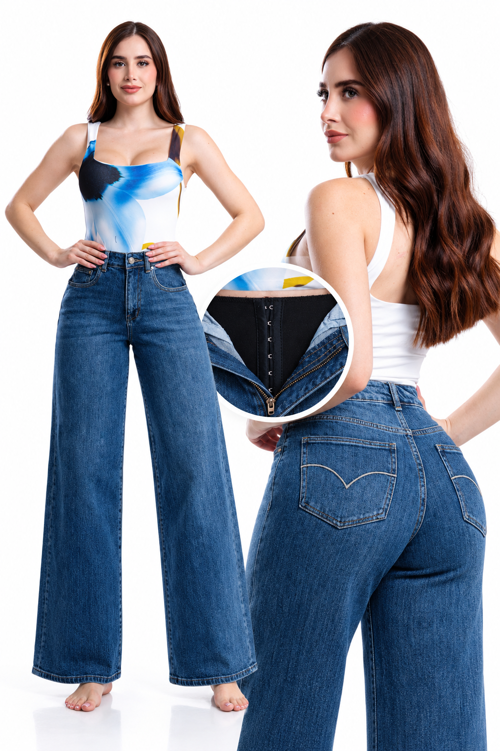 Jeans Michelle Ferrar loose wide con faja moldeadora — Mezclilla oscura