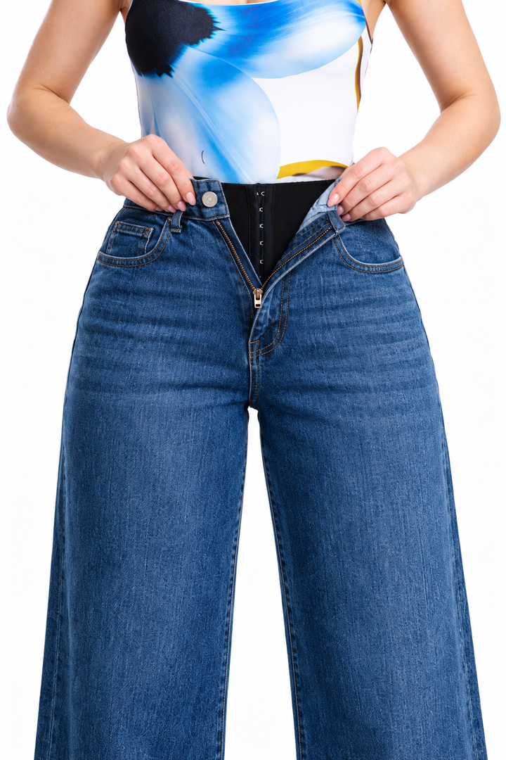 Jeans Michelle Ferrar loose wide con faja moldeadora — Mezclilla oscura