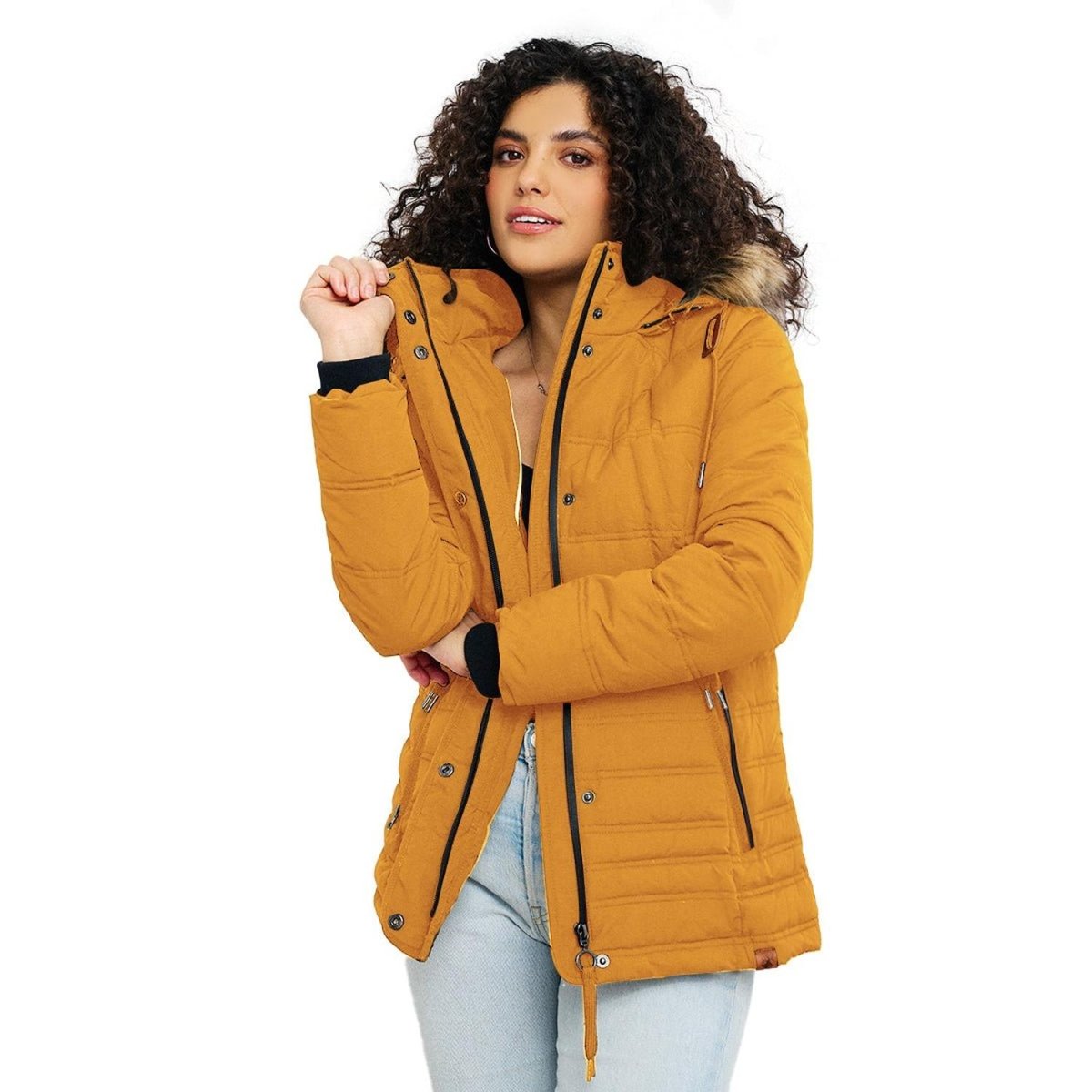 Chamarra capitonada con gorro desmontable — Mustard