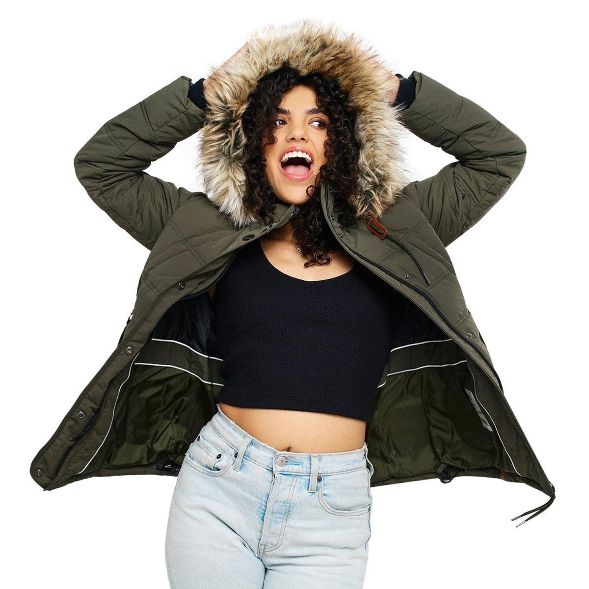 Chamarra capitonada con gorro desmontable — Olive