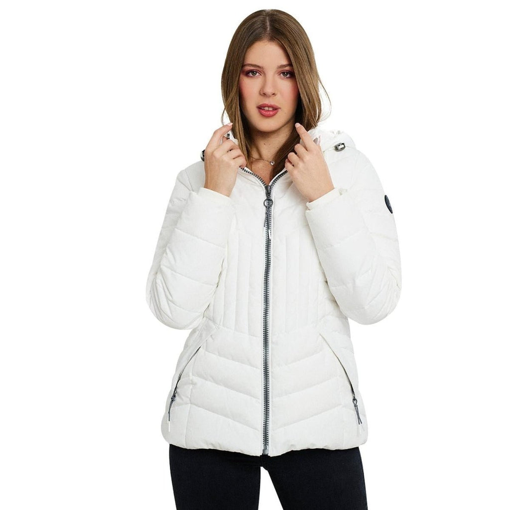 Chamarra capitonada con gorro desmontable y forro de peluche — Off White