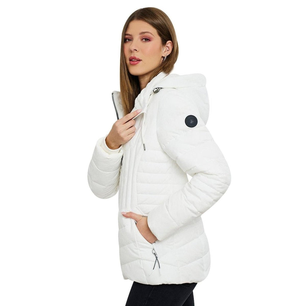 Chamarra capitonada con gorro desmontable y forro de peluche — Off White