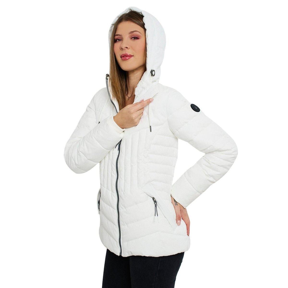 Chamarra capitonada con gorro desmontable y forro de peluche — Off White