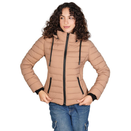 Chamarra capitonada de cuello alto con gorro desmontable — Beige