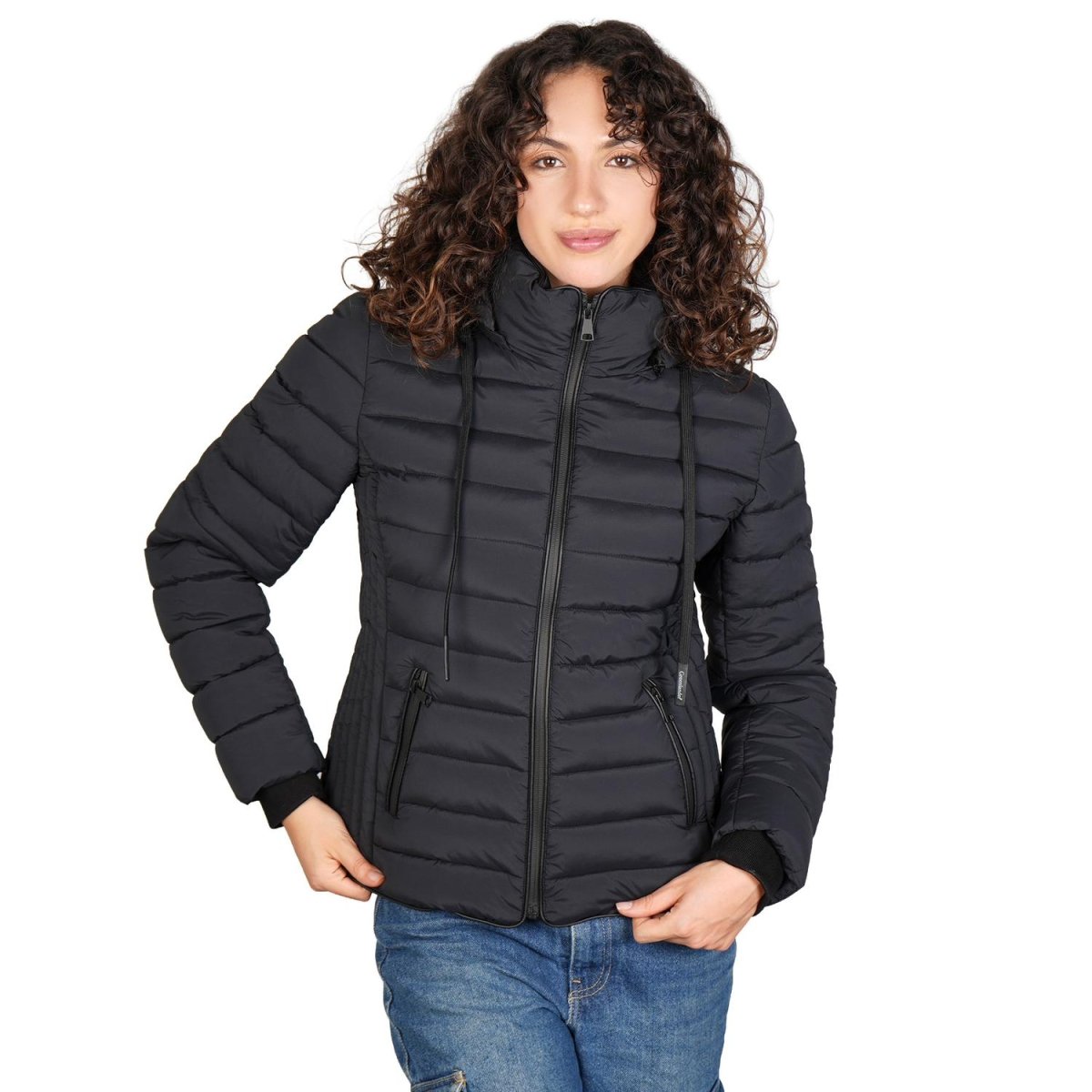 Chamarra capitonada de cuello alto con gorro desmontable — Black
