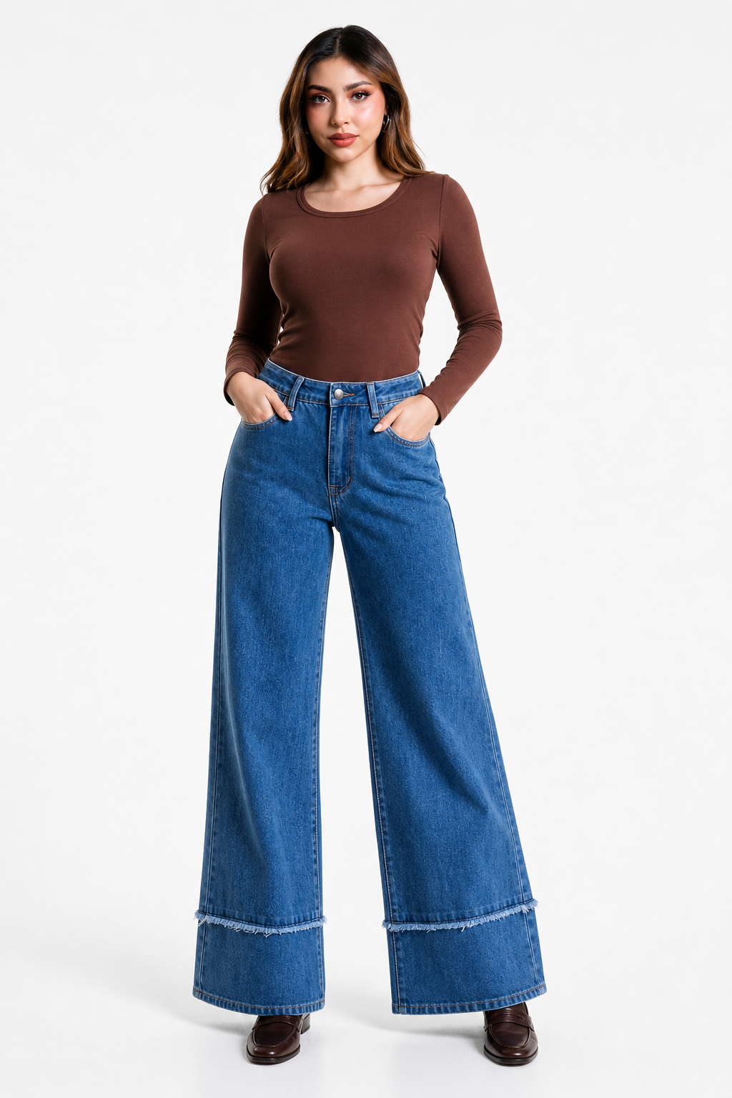 Jeans Juliette wide leg baggy con bastilla doble — Mezclilla media