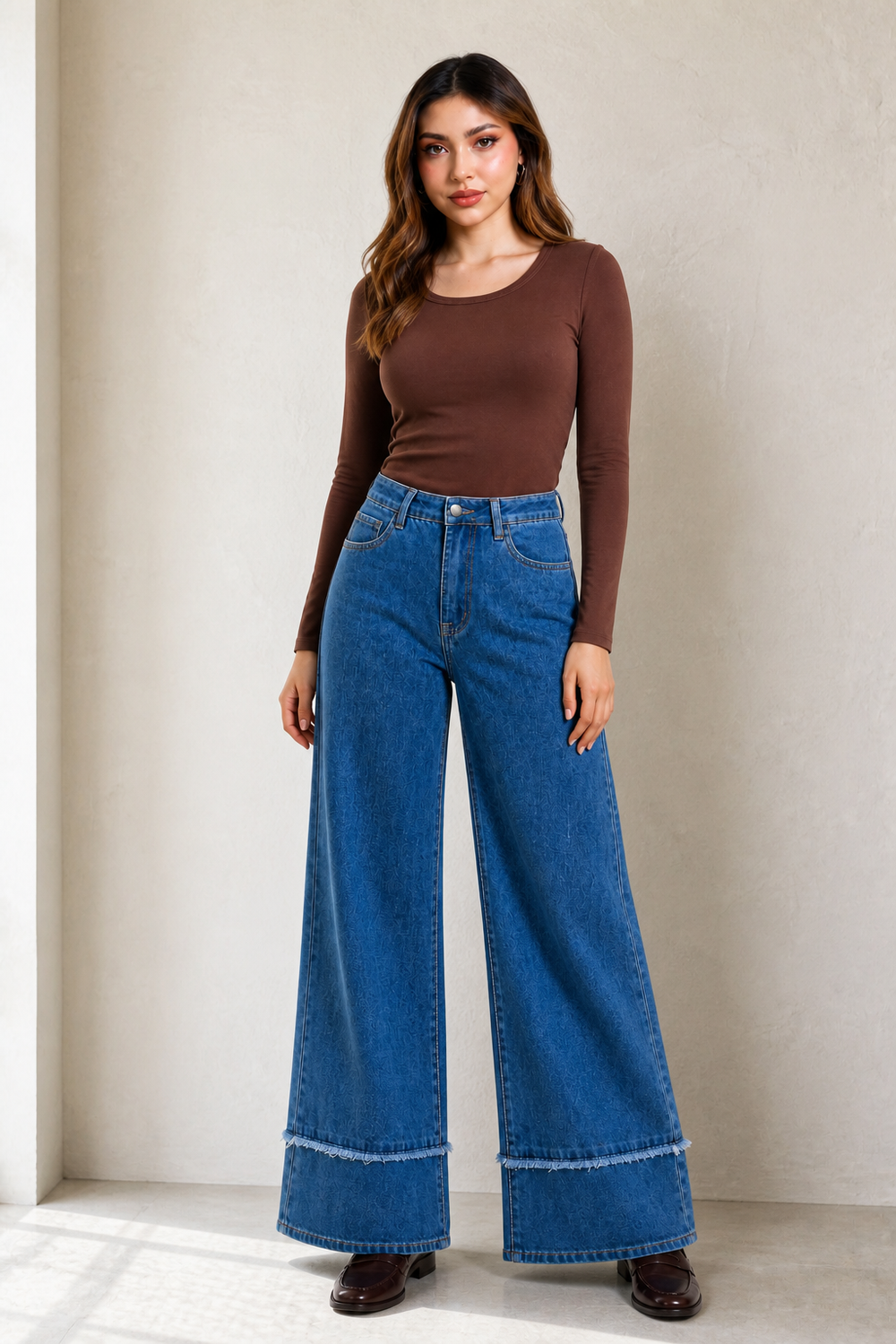Jeans Juliette wide leg baggy con bastilla doble — Mezclilla media