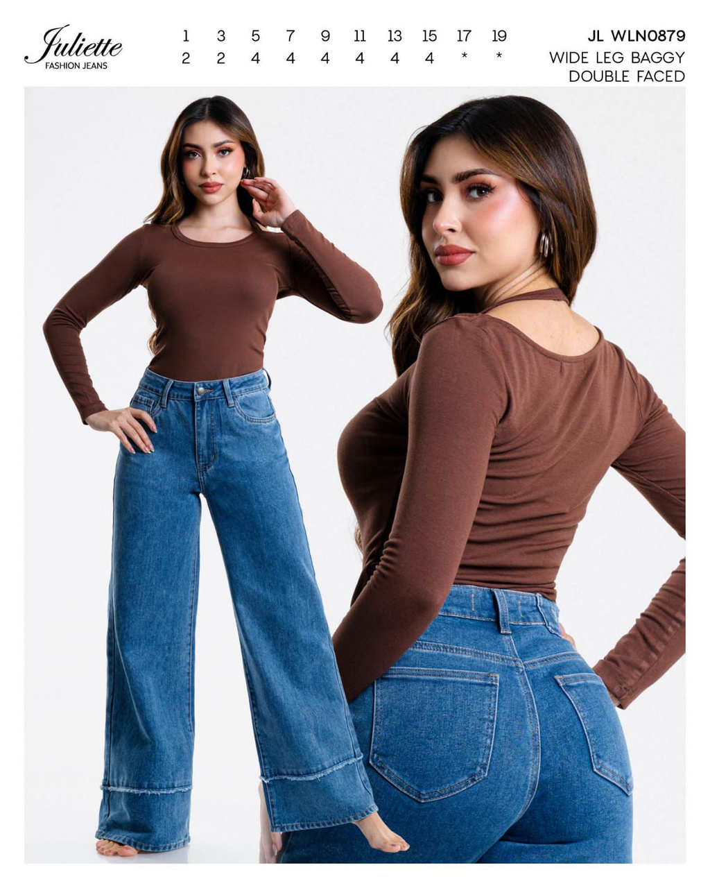 Jeans Juliette wide leg baggy con bastilla doble — Mezclilla media